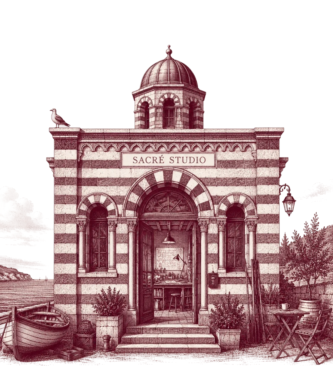 L'atelier sacré studio : une petite bâtisse rayée face à la mer, enseigne sacré studio et table à dessin visible par la porte