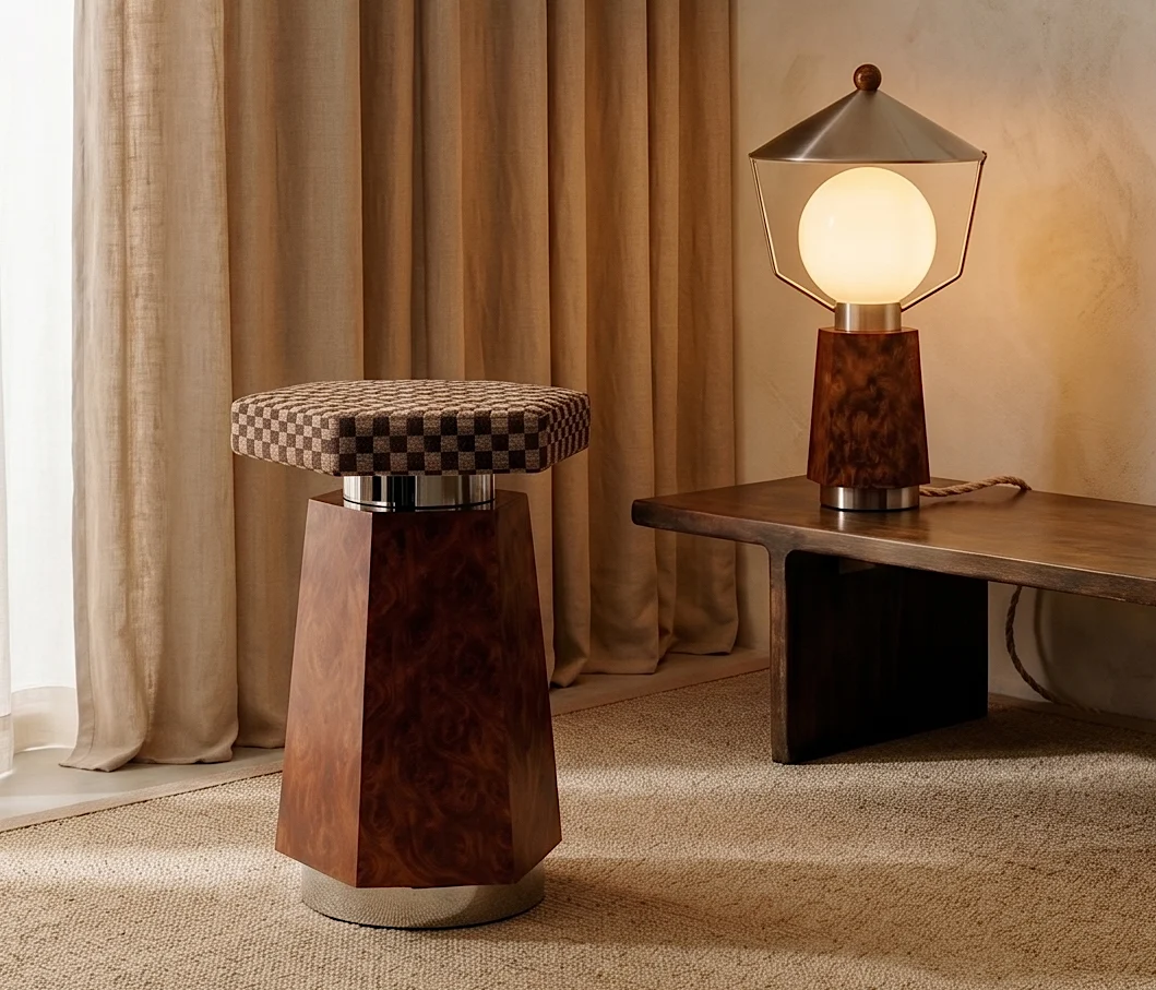La sacré collection : tabouret en ronce de noyer à assise damier et lampe à poser en verre opalin