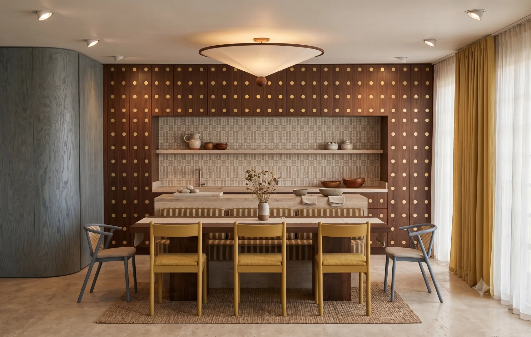 La salle à manger, mur ponctué de terre cuite et chaises safran autour d'une grande table