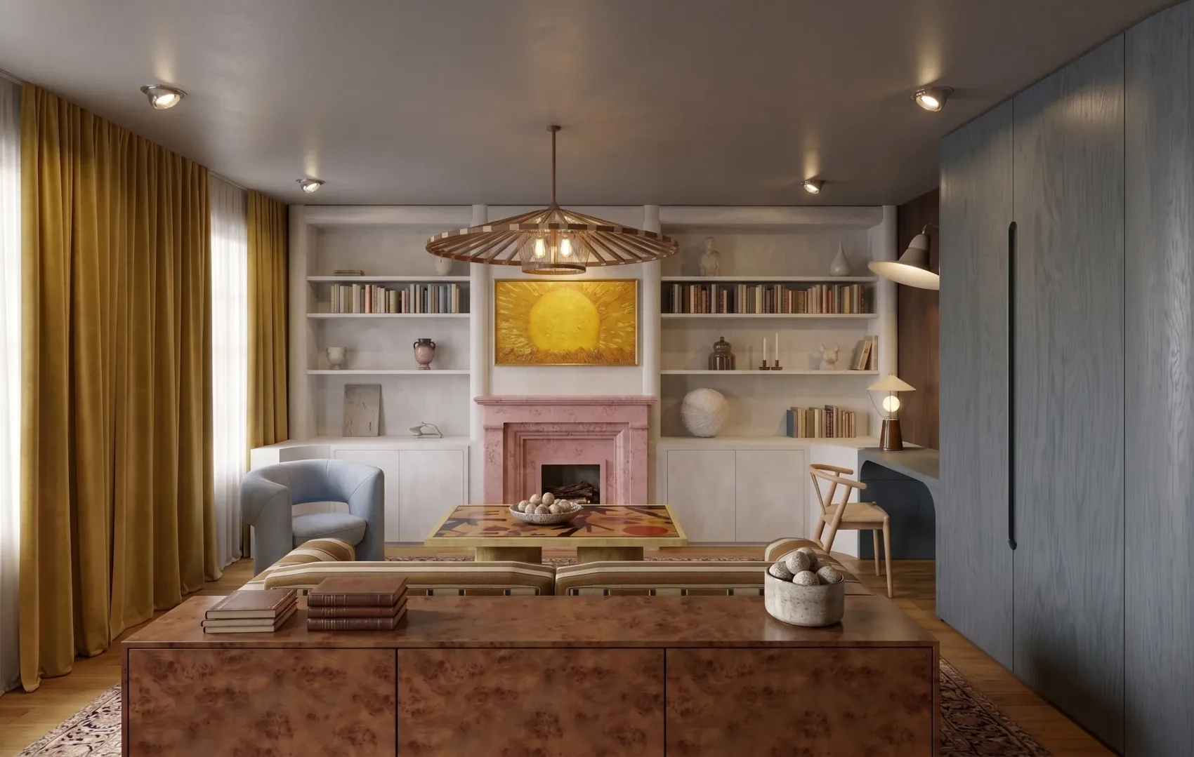 Le salon : soleil peint au mur, échiquier sur la table basse, cheminée de plâtre rose